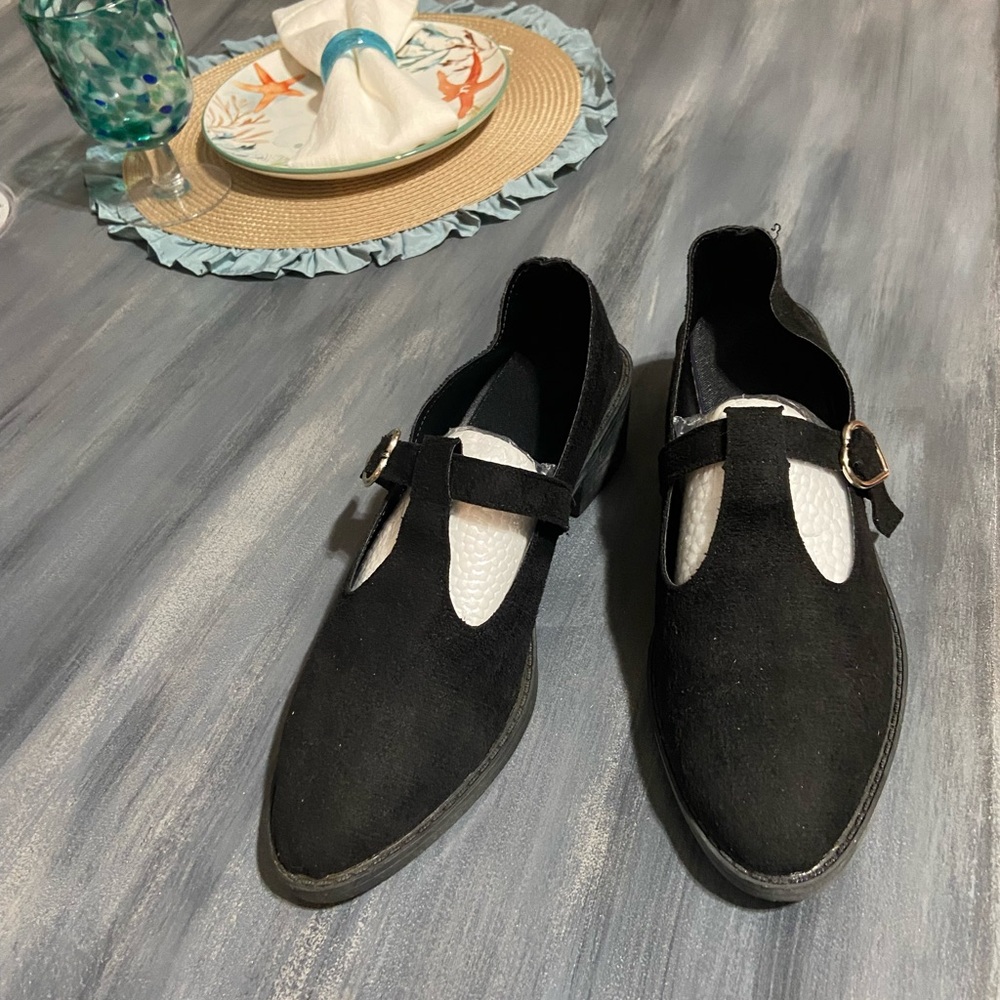 Black Suede Buckle Flats